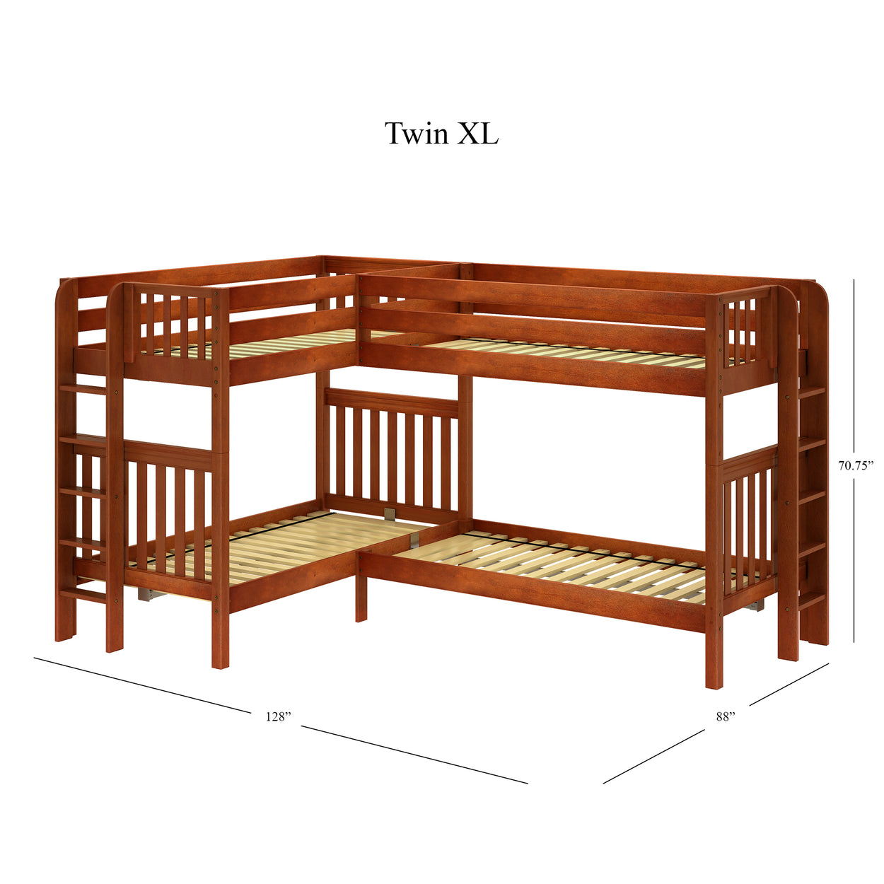 Twin XL wood corner bunk bed with ladder and guardrails.