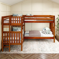 Wooden triple bunk bed in a cozy bedroom with patterned rug and decorative cushions.