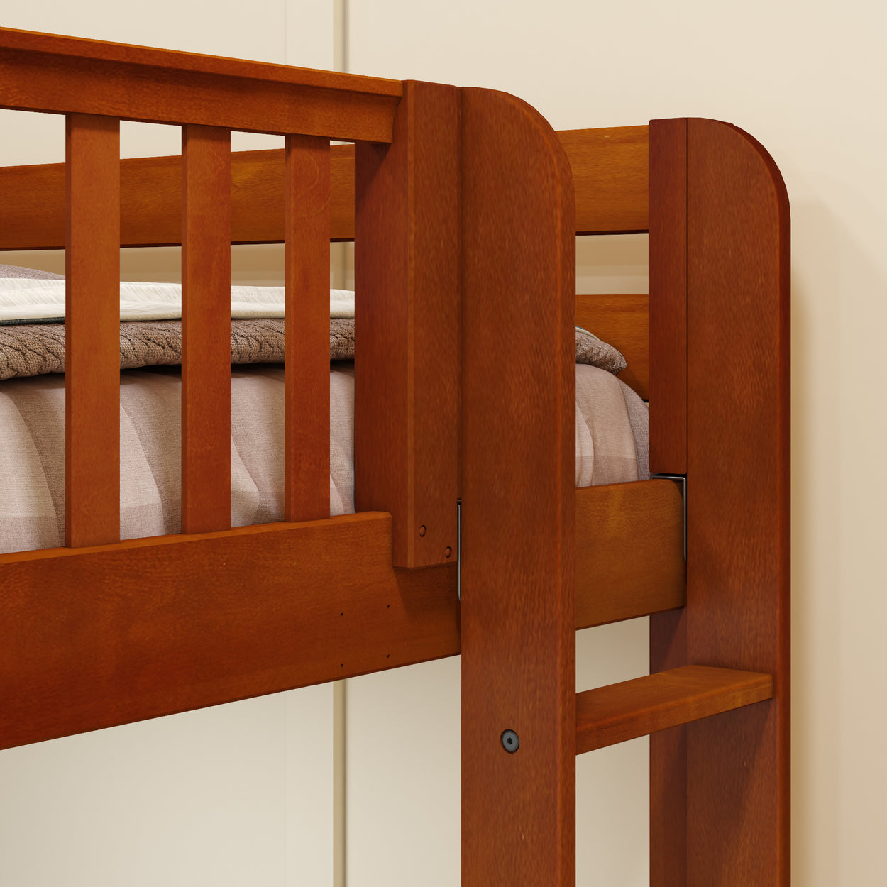 Wooden bunk bed close-up showing sturdy construction and brown finish.