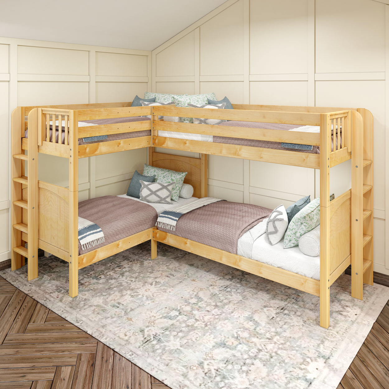 Corner wooden bunk bed with cozy bedding in a stylish bedroom setting.