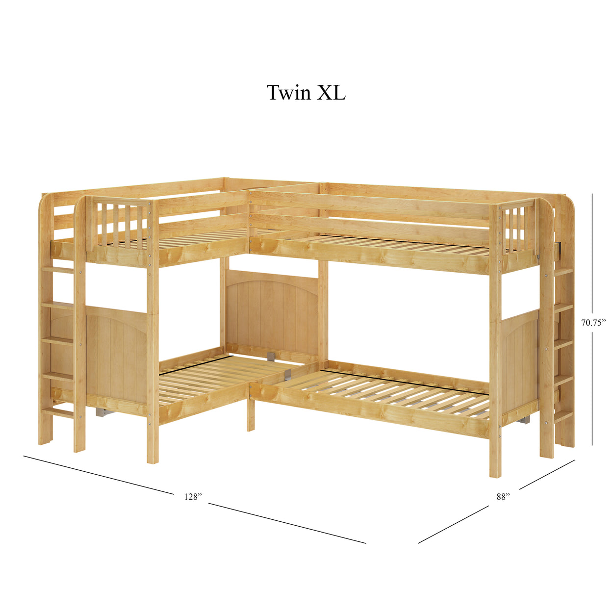 L-shaped twin XL wooden bunk bed with ladder and safety rails, dimensions labeled.