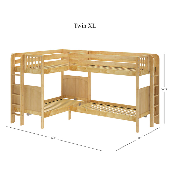 QUATTRO XL 1 NP : Multiple Bunk Beds Twin XL High Corner Bunk with Straight Ladders on Ends, Panel, Natural