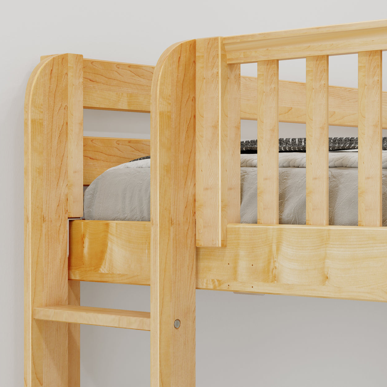 Natural wood loft bed with ladder and gray bedding in minimalist room setting.
