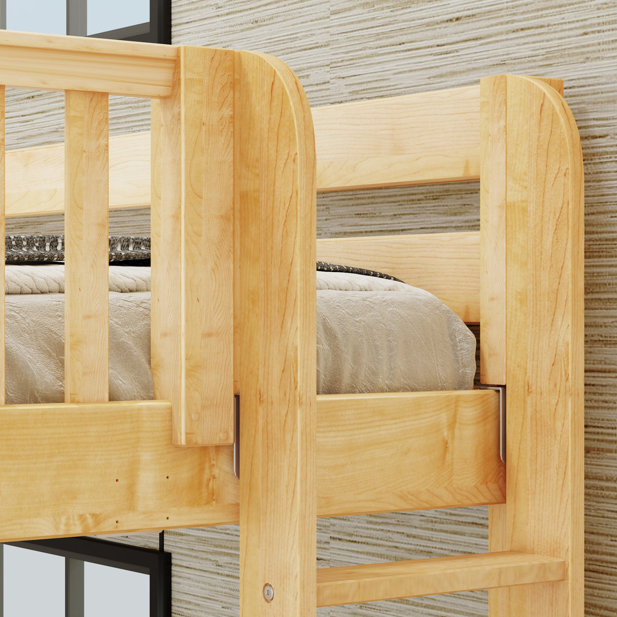 Wooden bunk bed frame with a beige mattress in a modern bedroom setting.