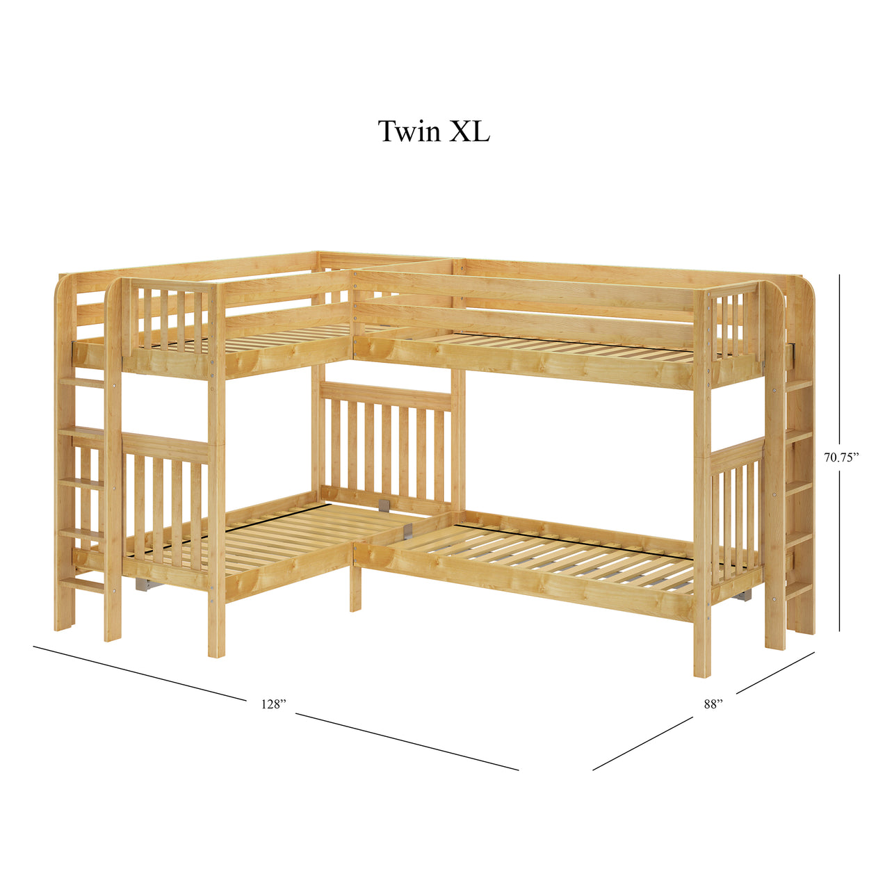 Corner twin XL bunk bed with wooden frame and dimensions labeled, suitable for space-saving bedroom furniture.