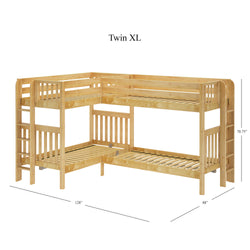Corner twin XL bunk bed with wooden frame and dimensions labeled, suitable for space-saving bedroom furniture.