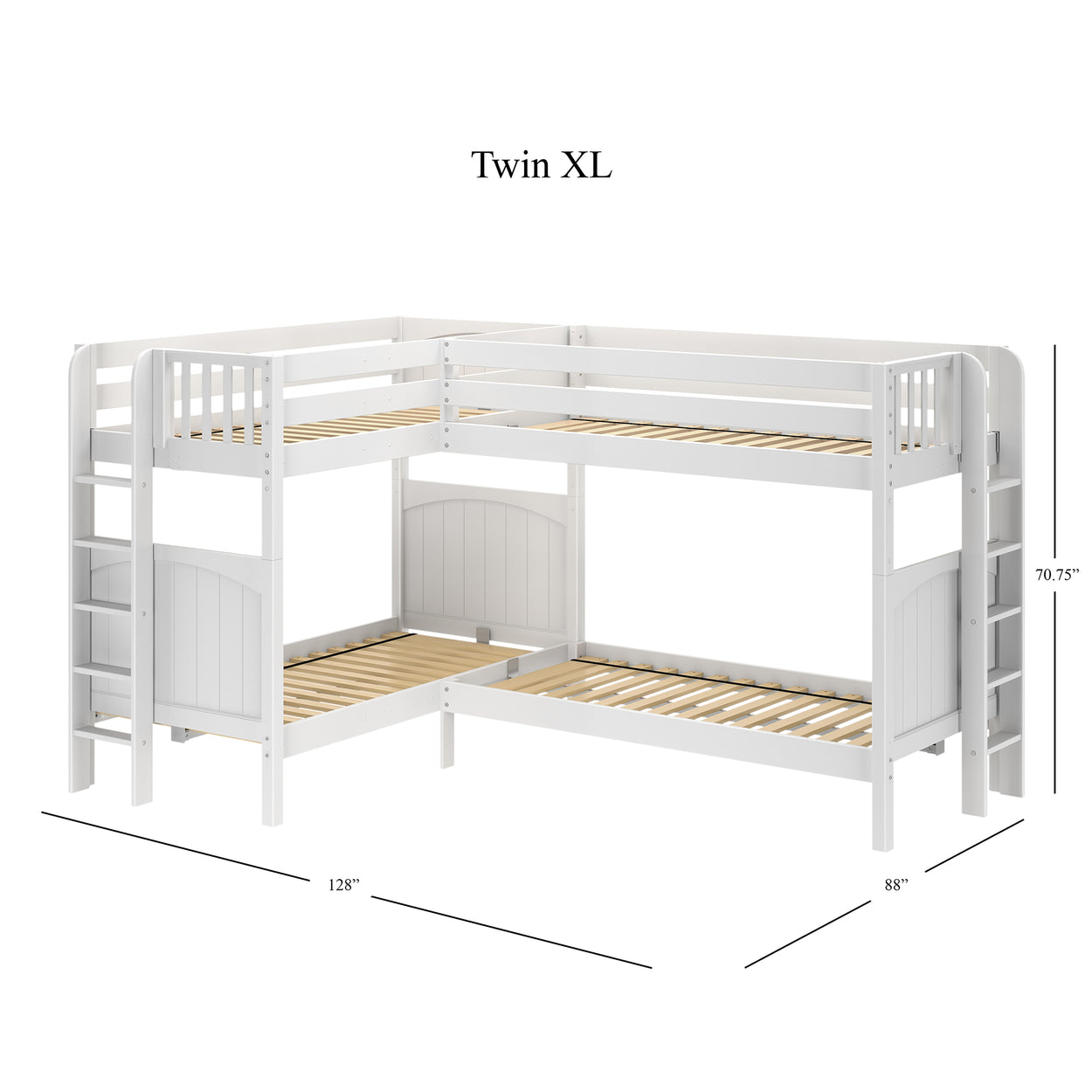 L-shaped white twin XL bunk bed with ladder, wooden slats, and guardrails, measuring 128 inches by 88 inches by 70.75 inches.