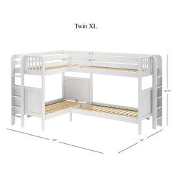 L-shaped white twin XL bunk bed with ladder, wooden slats, and guardrails, measuring 128 inches by 88 inches by 70.75 inches.