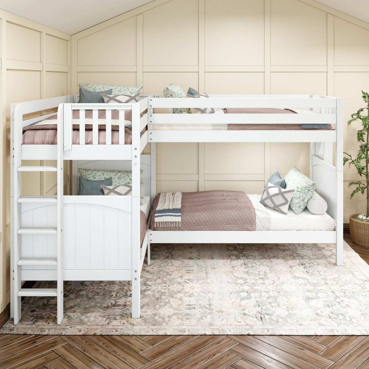 White L-shaped bunk bed with stylish bedding in a cozy and modern bedroom setting.