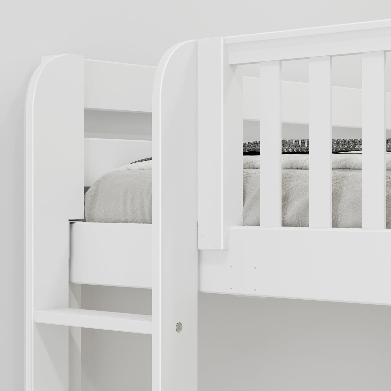 White wooden bunk bed with a slatted safety rail and ladder.