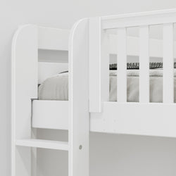 White wooden bunk bed with a slatted safety rail and ladder.
