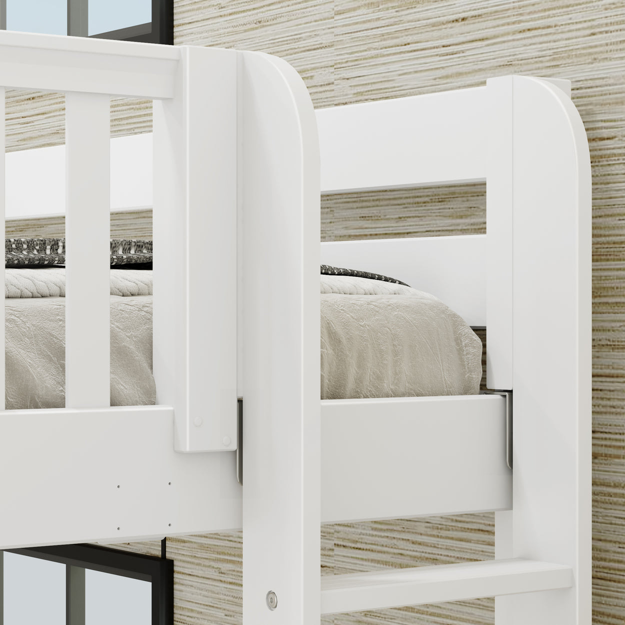 White wooden bunk bed frame in a modern bedroom setting.