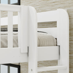 White wooden bunk bed frame in a modern bedroom setting.