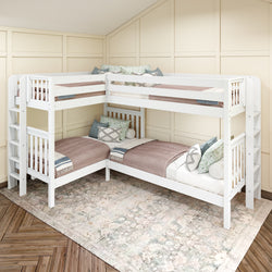 Modern white L-shaped bunk beds with cozy pillows and blankets in a stylish bedroom setting.