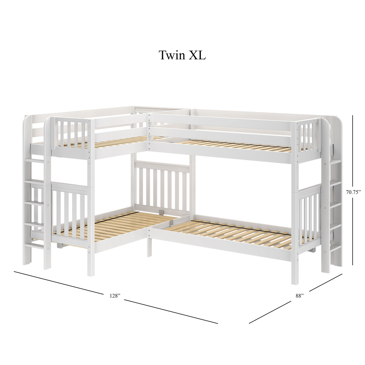 L-shaped twin XL white wooden bunk bed with ladder and dimensions displayed.