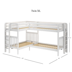 L-shaped twin XL white wooden bunk bed with ladder and dimensions displayed.