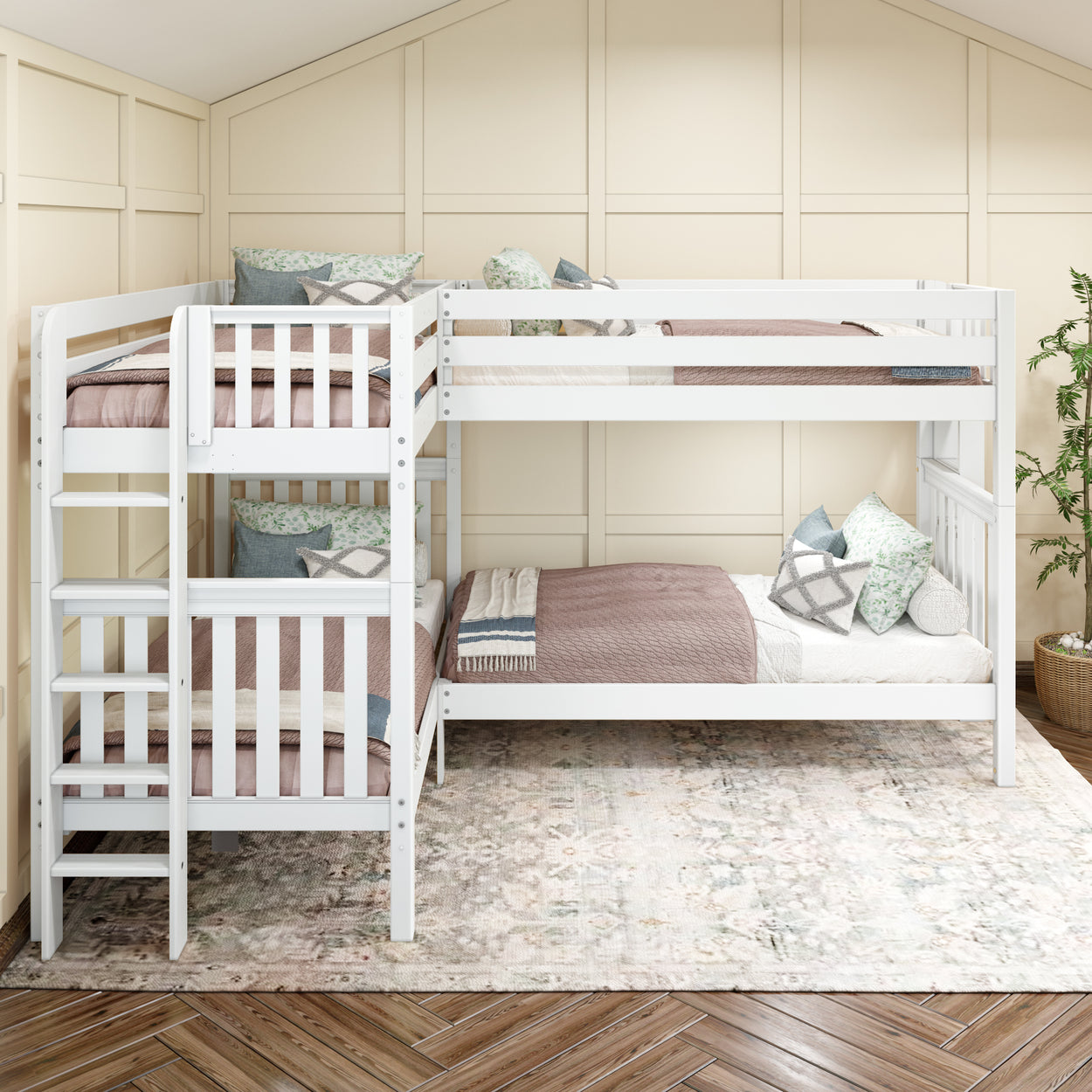 White wooden bunk bed with bedding in cozy neutral-toned bedroom, featuring pillows and a decorative rug.