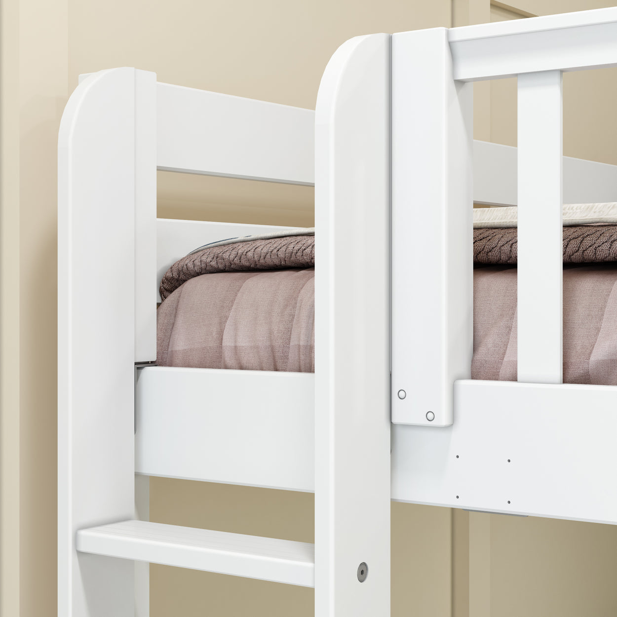 White wooden bunk bed detail with beige bedding showcasing modern bedroom furniture design.