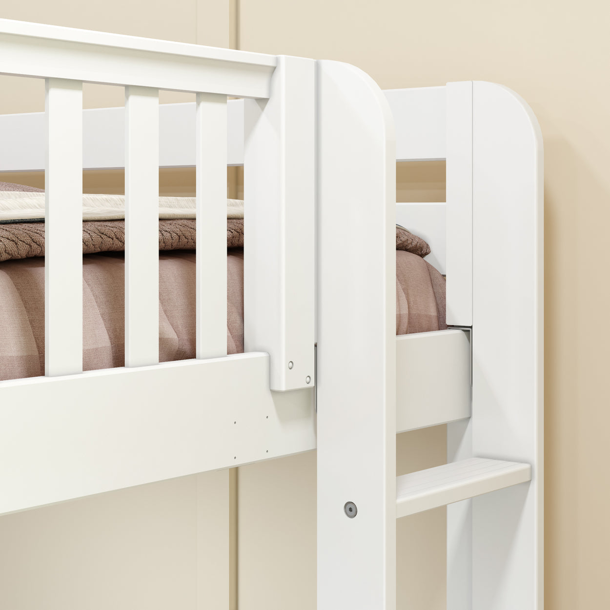 White wooden bunk bed with beige bedding in a modern bedroom setting.