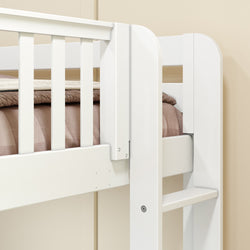 White wooden bunk bed with beige bedding in a modern bedroom setting.