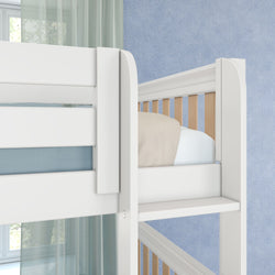 Close-up of white wooden bunk bed ladder and slatted rails in a modern children's bedroom with blue textured wall, sheer curtains and neutral bedding