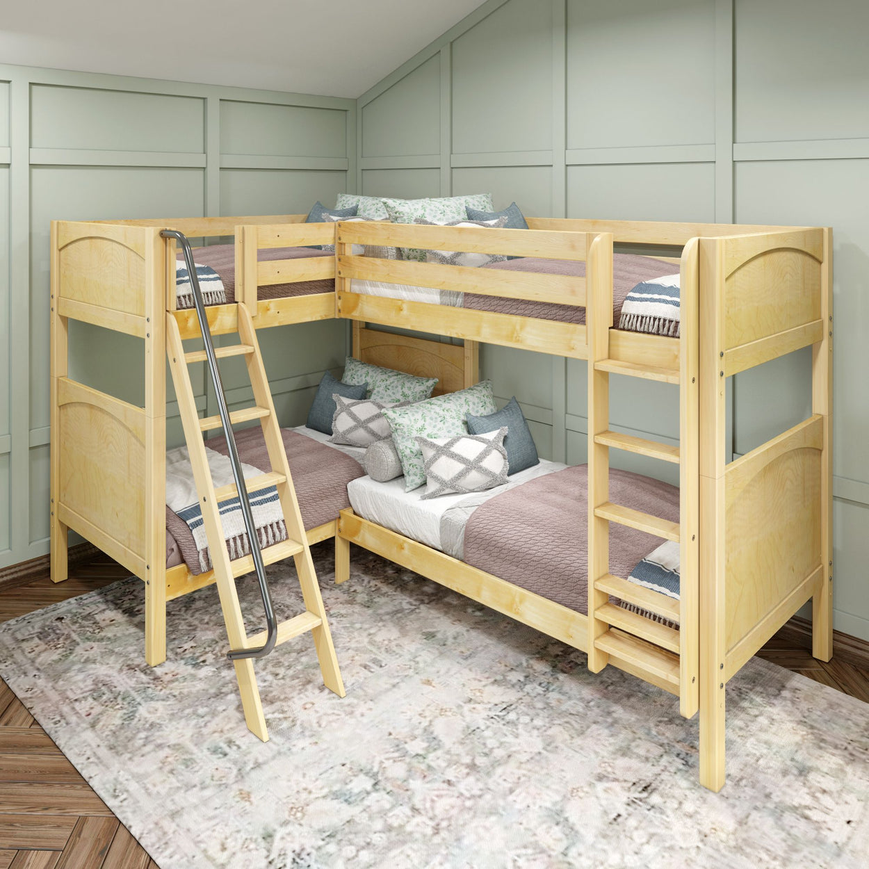 QUATTRO XL NP : Quad Corner Bunk Twin XL High Corner Bunk Bed, Panel, Natural