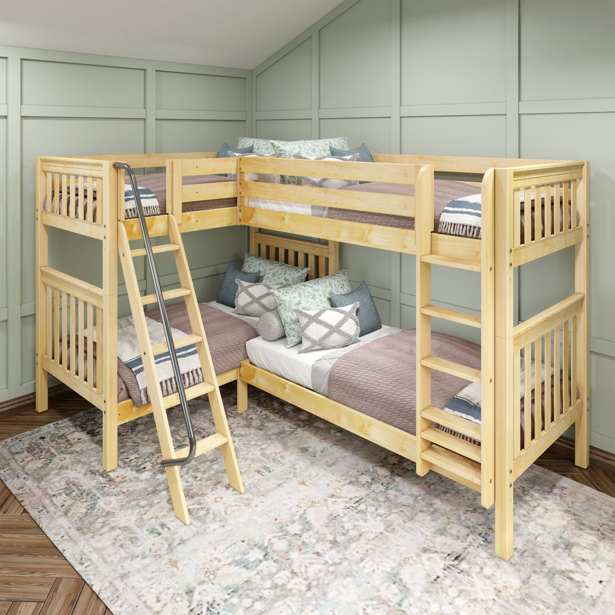 Stylish wooden bunk bed in cozy children's bedroom with natural lighting and modern decor.