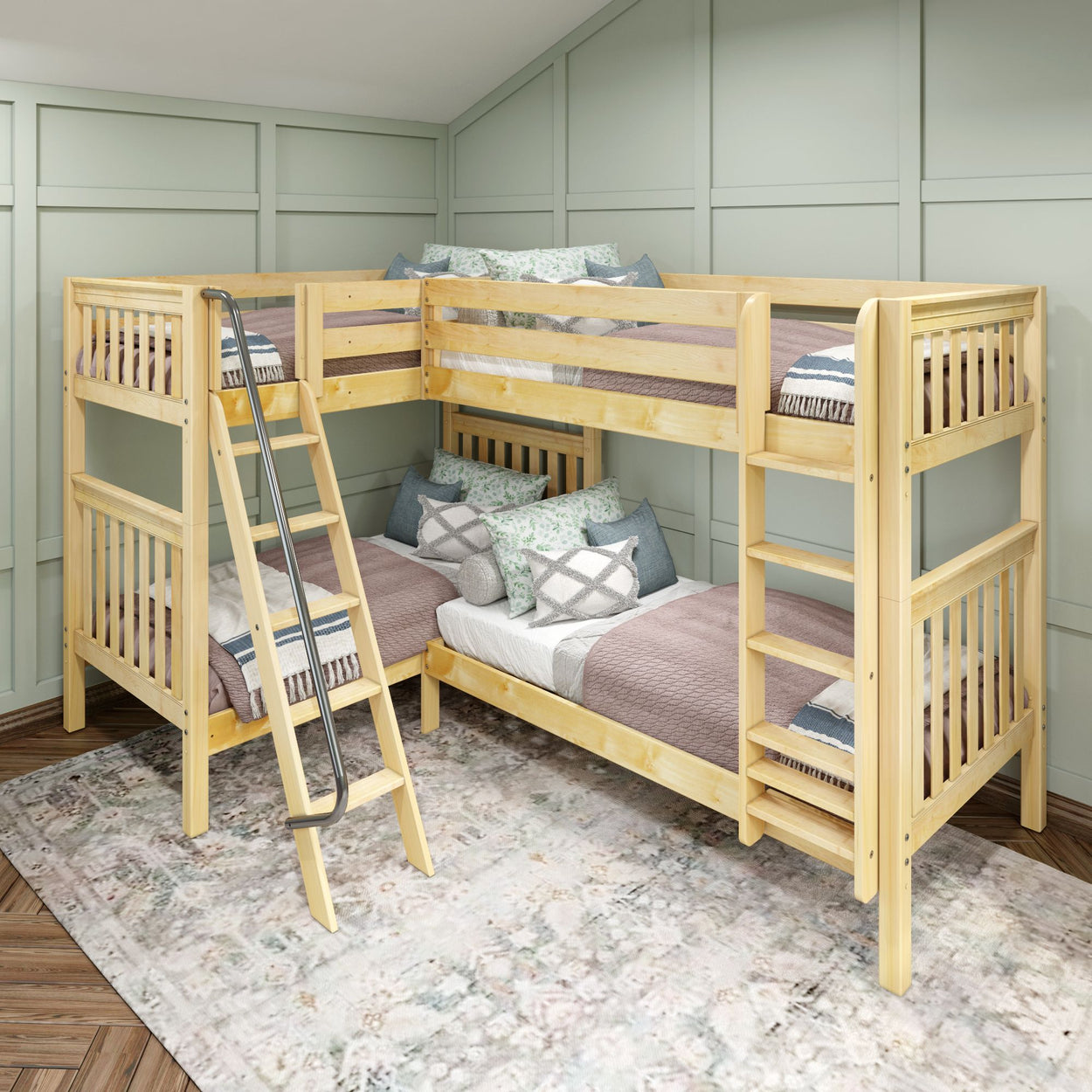 QUATTRO XL NS : Quad Corner Bunk Twin XL High Corner Bunk Bed, Slat, Natural