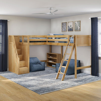 Wooden loft bunk bed with ladder and storage stairs in a cozy kids' bedroom with blue bedding, bean bag chairs, navy curtains, abstract wall art, ceiling fan and striped area rug