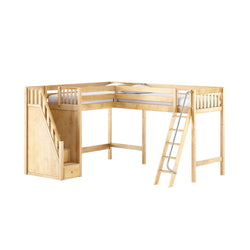 Natural wood kids loft bed with built-in staircase, twin corner bunks, under-bed storage and ladder