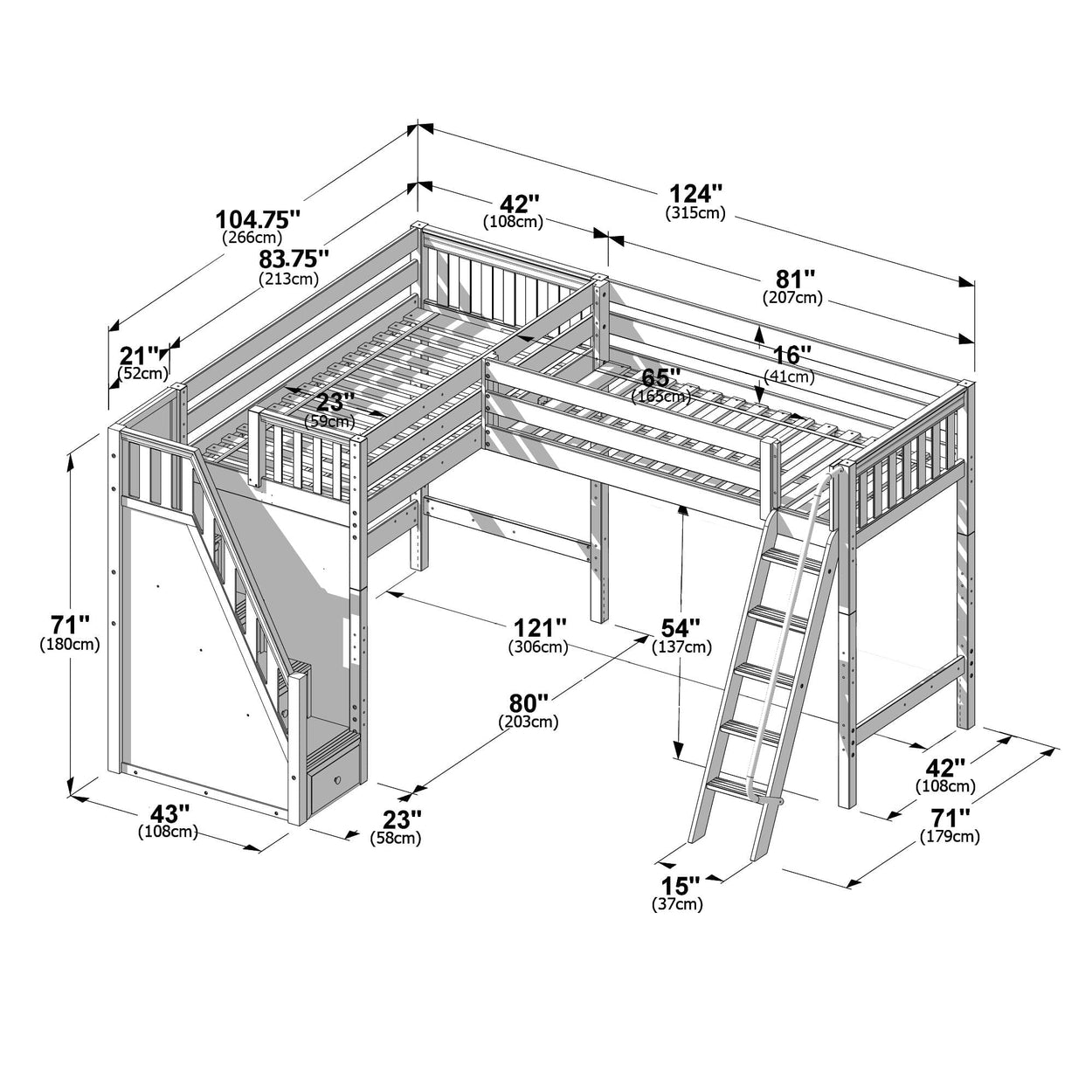 L-shaped wooden loft bunk bed diagram with ladder, guardrails and labeled dimensions in inches and cm