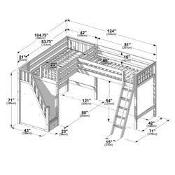L-shaped wooden loft bunk bed diagram with ladder, guardrails and labeled dimensions in inches and cm
