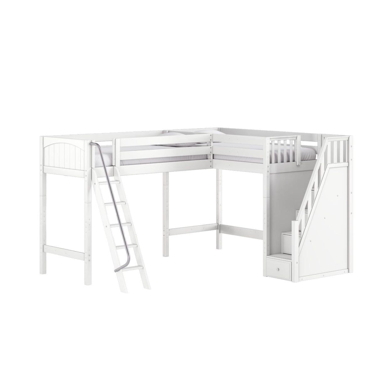 White wooden L-shaped loft bunk bed with ladder and staircase storage drawers, modern kids bedroom space-saving design