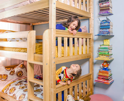 Colorful boys room with Natural Twin XL Triple Bunk Bed with Ladders