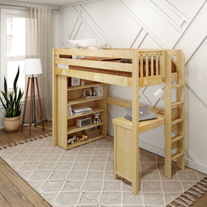 Wooden loft bed with ladder, built-in desk, and shelving in a modern bedroom with a geometric accent wall and cozy decor.