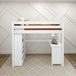White loft bed with built-in desk and shelves, perfect for maximizing small space living.