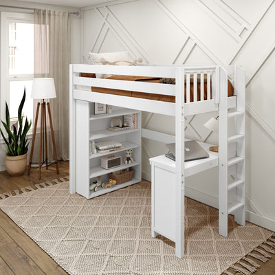 Loft bed with storage shelves and attached desk in modern bedroom interior.