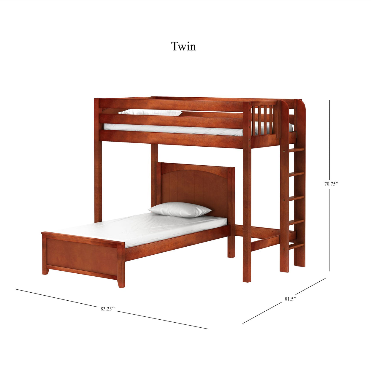 Wooden twin bunk bed with ladder and mattresses, dimensions included.