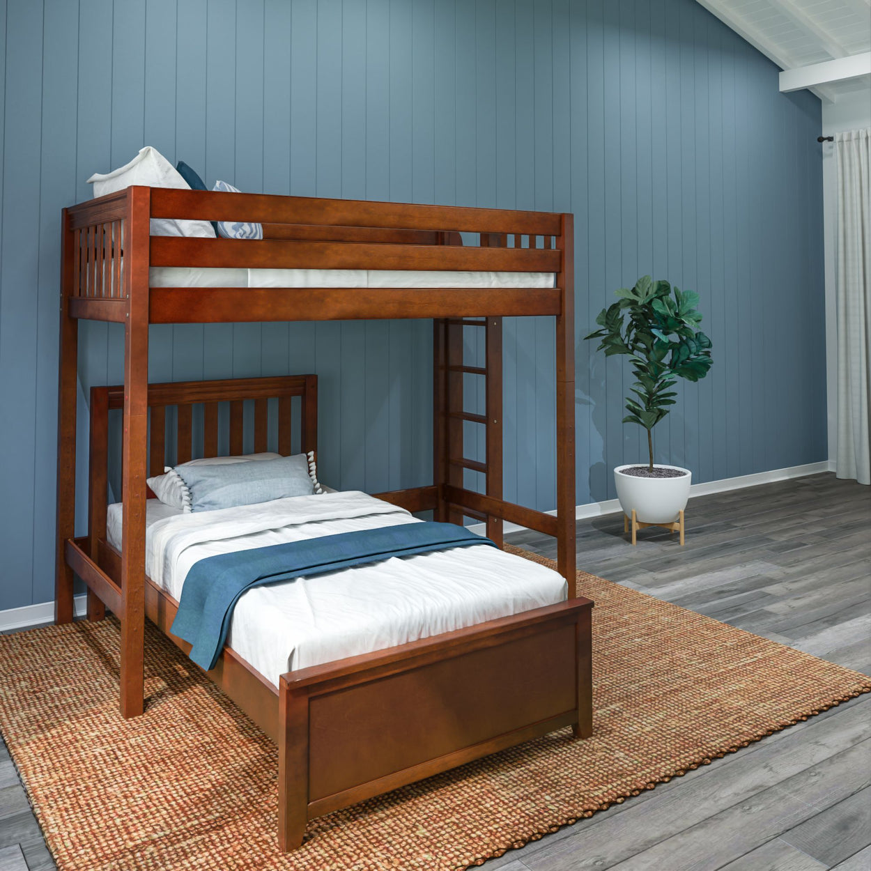 Stylish wooden bunk bed in a modern bedroom with blue walls, emphasizing space-saving and cozy interior design.