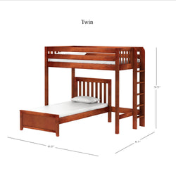 Wooden twin bunk bed with ladder and dimensions displayed, ideal for space-saving bedroom solutions.