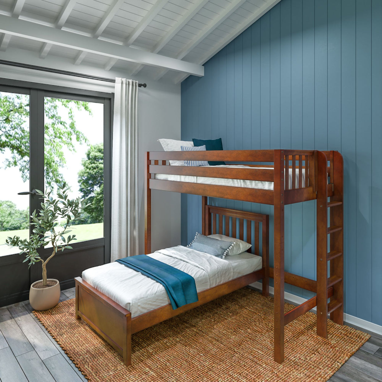 Wooden bunk bed with white and blue bedding in a cozy bedroom with blue accent wall and natural light.