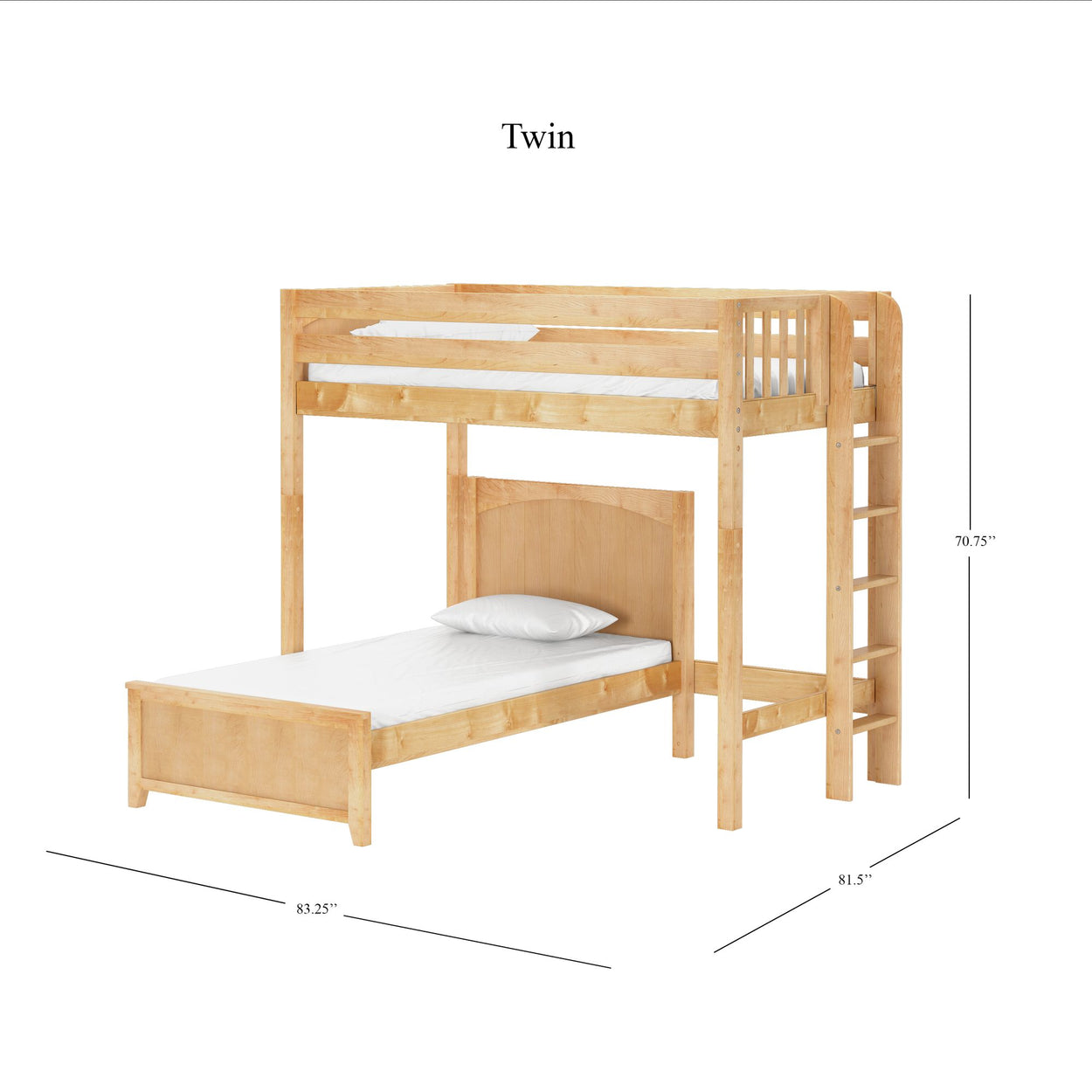 Twin wooden bunk bed with ladder and detailed dimensions.