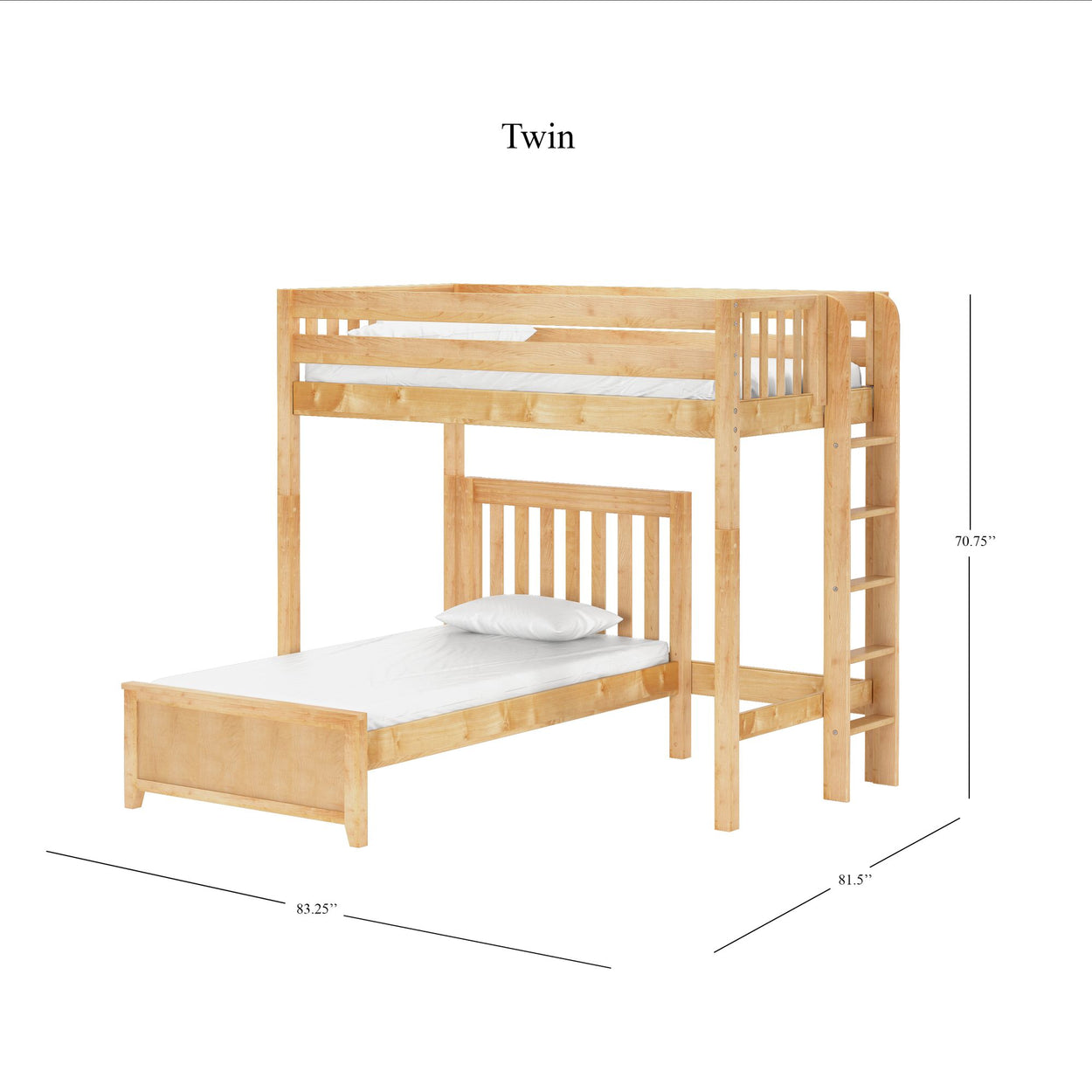 Twin over twin wooden bunk bed with ladder and dimensions.