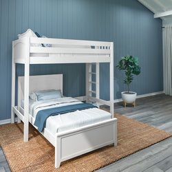 White bunk bed with ladder and blue bedding in a modern bedroom with wood flooring and plants.