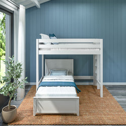 White L-shaped loft bed with ladder in blue-walled bedroom, featuring natural light and a cozy atmosphere.