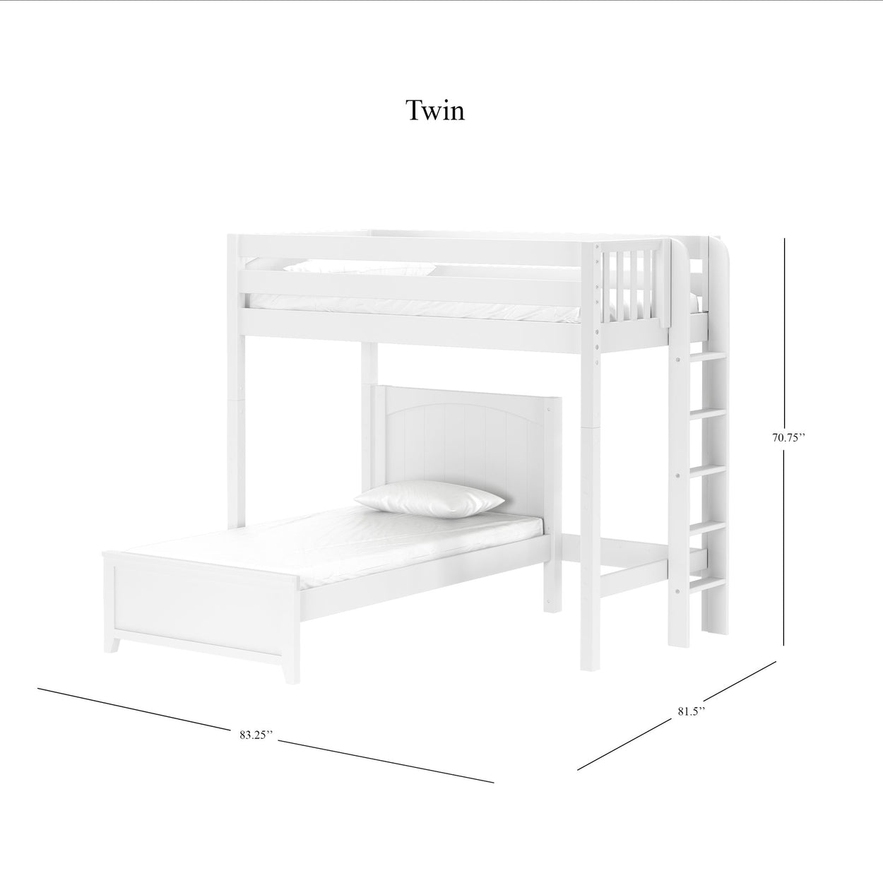 White twin loft bed with measurements, featuring a ladder and a bed underneath.