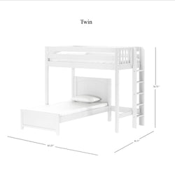 White twin loft bed with measurements, featuring a ladder and a bed underneath.