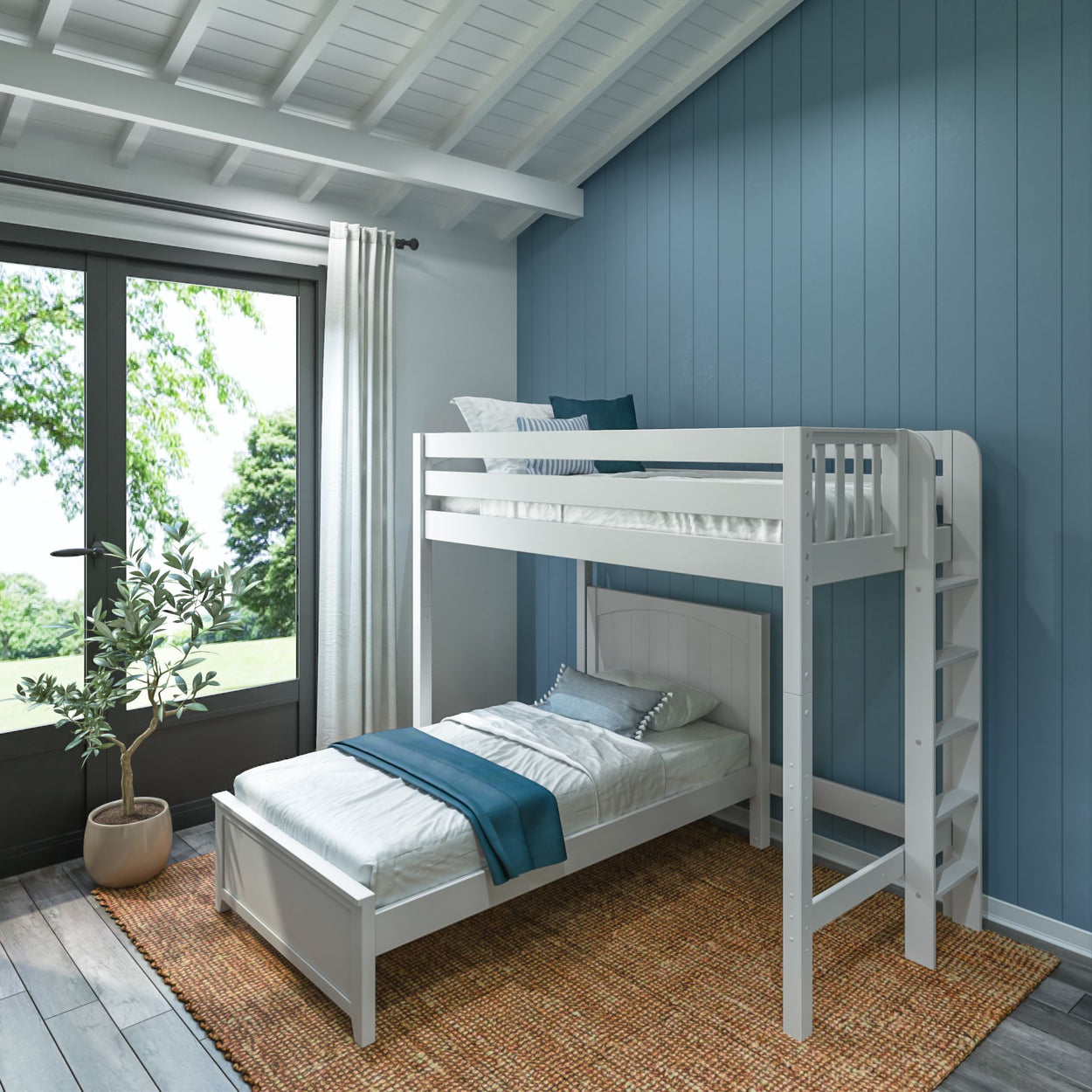 Modern white wooden bunk bed with blue accents in a bright, airy bedroom with a vaulted ceiling and large windows.