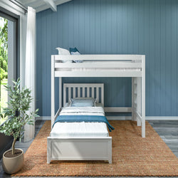 White bunk bed in a blue-themed bedroom with a natural fiber rug and potted plant near a large window.