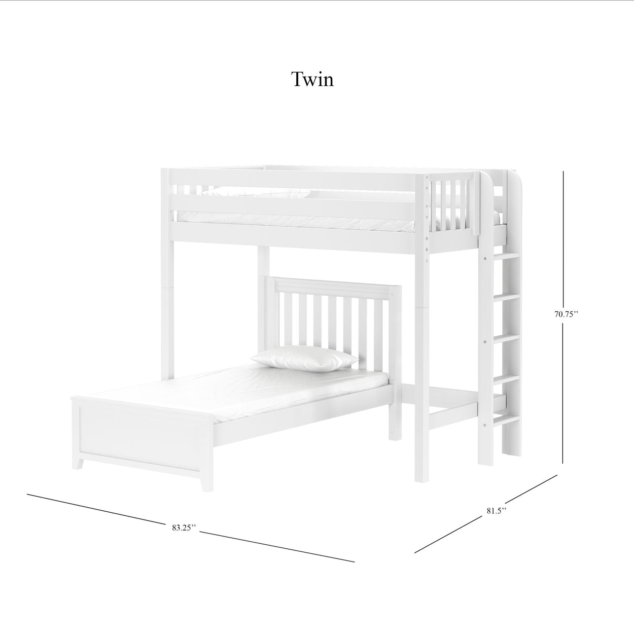 White twin over twin loft bed with wood ladder and slatted guardrails, dimensions shown.